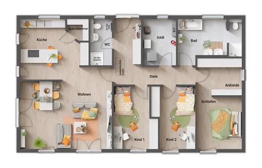 Grundrissvariante 5: Komfortable Raumaufteilung mit Wohlfühlbad Grundrissvariante 5 überzeugt mit einer durchdachten Planung: einem großzügigen Wohlfühlbad, zwei Schlafräumen und einem Schlafzimmer mit integrierter Ankleide, bewusst ohne Gäste-WC.