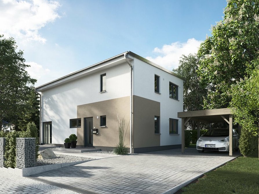 Sicht von der Straße auf das Stadthaus Aura 136 mit optionalem Carport, farblichem Besenzug und Vorgarten